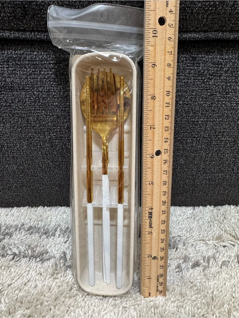 Gold and White Stainless Steel Travel Cutlery (Fork, Spoon, Chopsticks) in Case